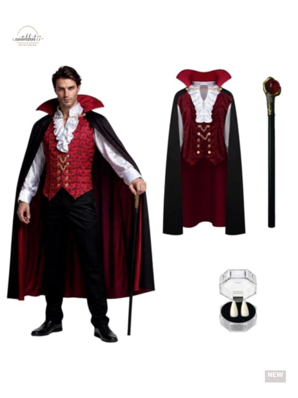 Men's Gothic Vampire Costume Set Cape Cane Shirt Fangs Halloween Cosplay